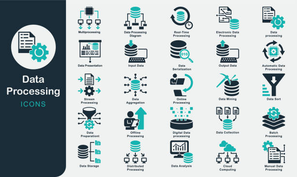 Data Processing solid icons collection.Batch Processing, Real-TimeProcessing, Multiprocessing, Output, Input, Data Storage, Manual Data, Cloud Computing, Distributed, Electronic Data, Digital Data Data Processing solid icons collection.Batch Processing, Real-TimeProcessing, Multiprocessing, Output, Input, Data Storage, Manual Data, Cloud Computing, Distributed, Electronic Data, Digital Data, Data Analysis, Data Sort, Online Processing, Collection, Automatic Data, Data Aggregation, Data Mining, Stream Processing, Offline Processing, Data Presentation, Data Processing Diagram, Data Preparation, Data Serialization download manager stock illustrations