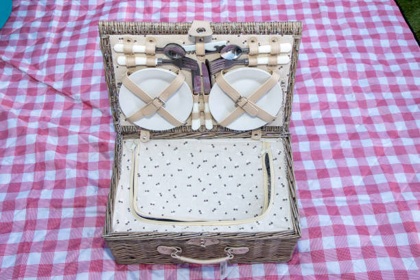 A cute old fashioned picnic basket on a picnic blanket