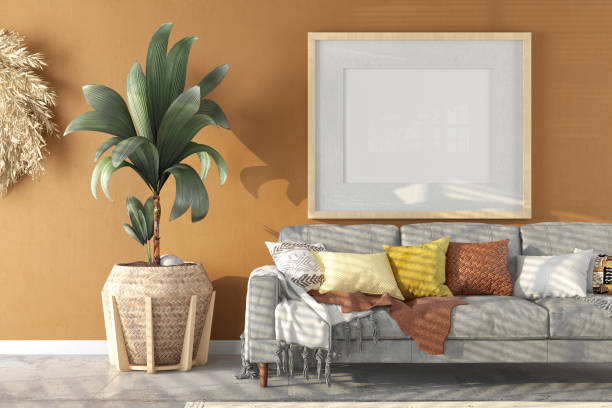 istock Cozy Beige Living Room with Empty Mock up Picture Frame 2164769601