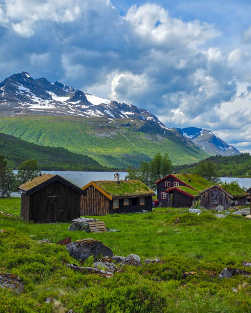 Rustic wooden cabins with mossy roofs blend harmoniously into the vibrant green meadow, bordered by stunning mountains and a serene lake. Innerdalen Norway