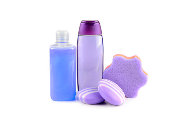 Lavender shampoo and soap isolated on white background.