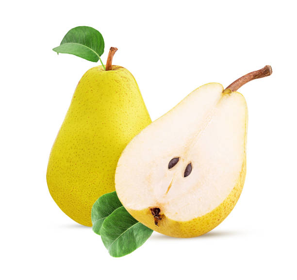 istock Fresh yellow pears one cut in half with green leaf 2164774328