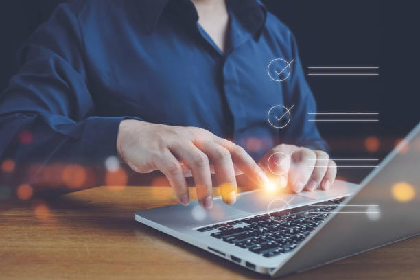 istock Survey form concept. Filling survey form online, Questionnaire with checkboxes, answer questions of test. Education futuristic technology and learning concept. 2164782942