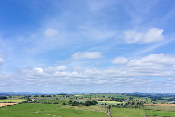 Aerial view of a rural landscape in Scotland on a bright sunny summer morning