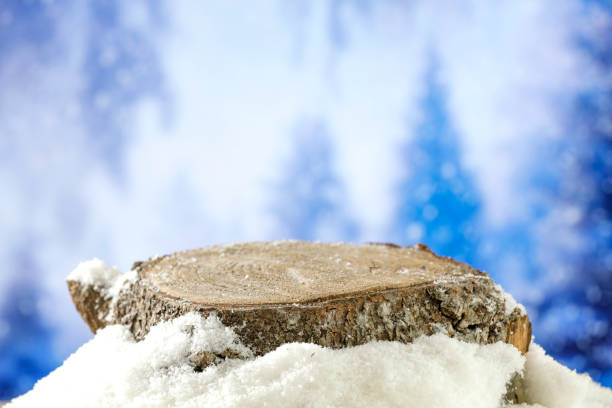 Empty copy space on a wooden podium with a blurred sky with shimmering falling snow winter background. Image can be used for display or montage products.