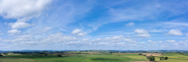 Panoramic aerial view of rural Scotland on a bright sunny summer morning