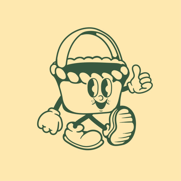 Vintage character design of a basket, simple vector design, cute sticker, character sticker
