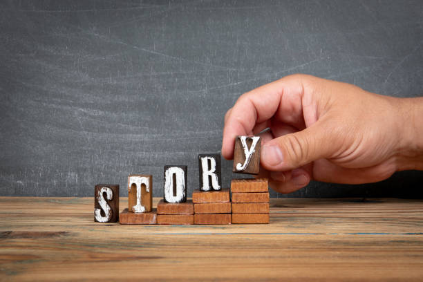 STORY. Wooden letters, alphabet blocks on steps. development and growth concept
