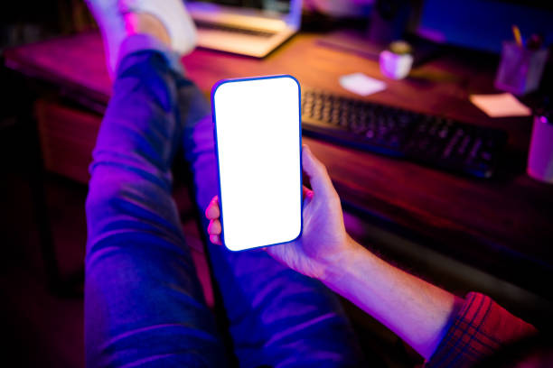 istock Photo of freelancer hands arms chatting instagram twitter telegram modern gdget empty space indoors workplace workstation loft 2164794467