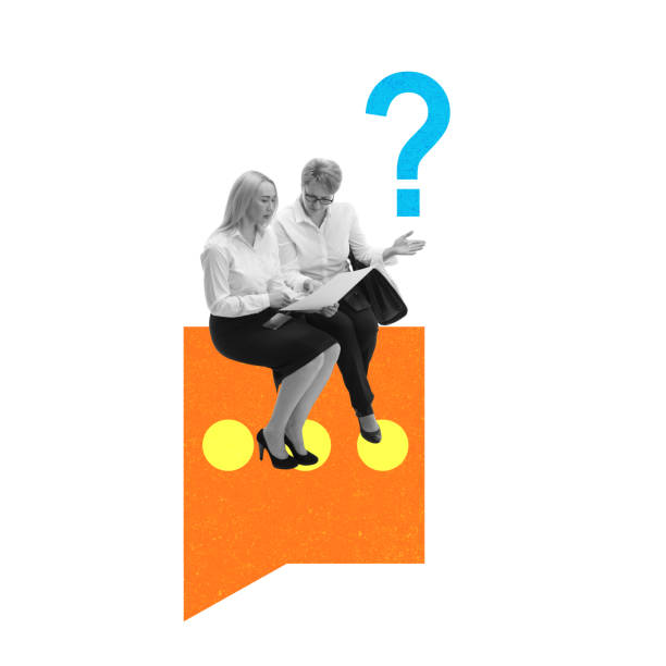 istock Two women, colleagues sitting and discussing documents project next to question mark. Contemporary art collage. 2164798898