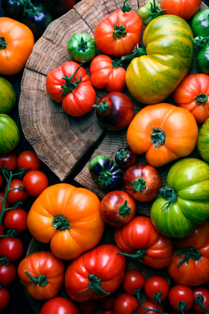 Different sizes and varieties ripe tomatoes on wooden cutting board
