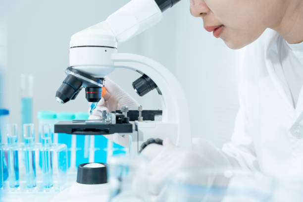 istock Scientist analyze biochemical samples in advanced scientific laboratory. Medical professional use microscope look microbiological developmental of viral. Biotechnology research in science lab. 2164804015