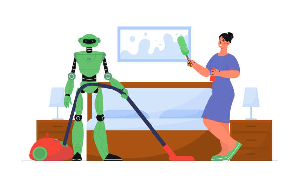 istock Woman cleaning with robot. Young girl in uniform cleans room with bot. Modern technologies and innovations, artificial intelligence. Cleanliness and hygiene. Flat vector illustration 2164804822