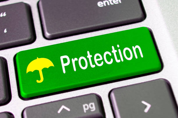 Protection text on green keyboard with umbrella symbol.