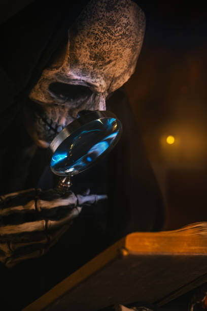 A skeleton reads an old book with a supernatural magnifying glass.