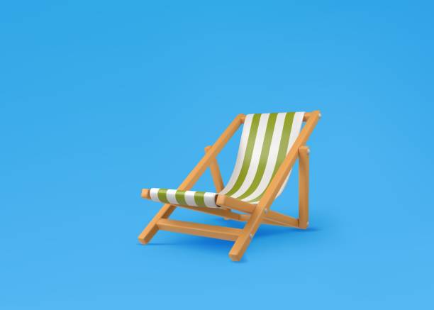 istock Wooden deck chair with green and white striped fabric. Highly realistic illustration. 2164813835