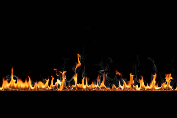 Fire burning line on black background. Can be used as overlay design element with add or screen blending mode