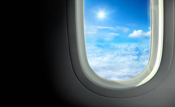 High resolution open aircraft's airplane window with clouds view. 3d rendering