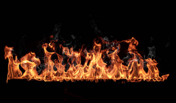 Fire burning line on black background. Can be used as overlay design element with add or screen blending mode