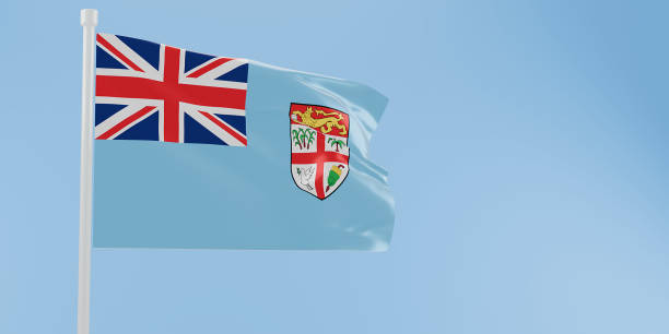 Close-up of the national flag of Fiji fluttering in the wind. 3D illustration. Flags.
