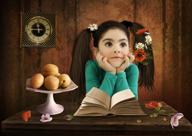 Little girl with a dreamy look with poppies and daisies in her hand, sitting at the table in front of an open book. Digital art.