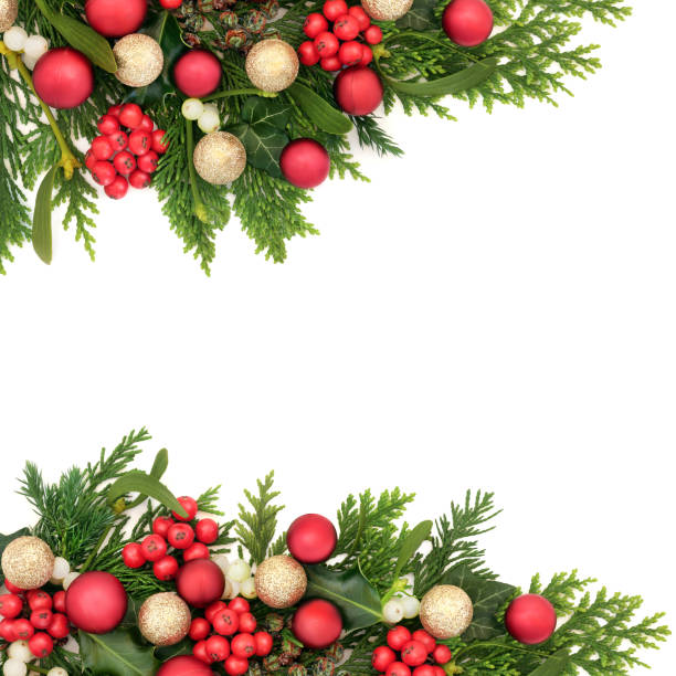 istock Festive Christmas Background Border with Baubles and Greenery 2164821558