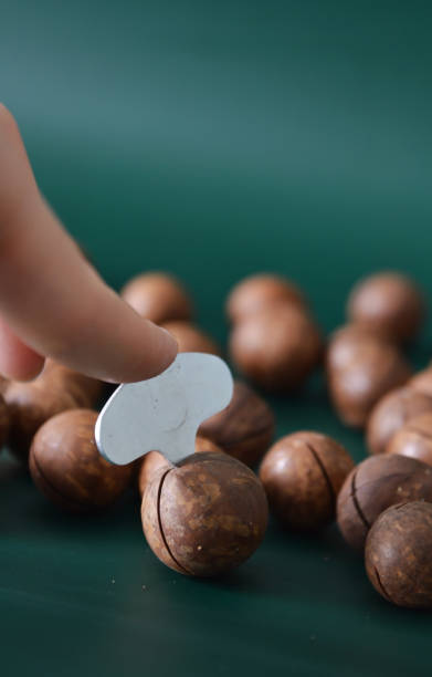 istock Cropped hand cracking a roasted macadamia nut with a special key in a dark green background 2164825215