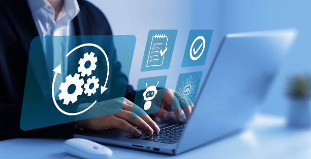 istock Automated industrial technology with digital transformation.Business process optimisation.Robotic process automation or RPA.Technology to automate business tasks with AI robotic management. 2164825497