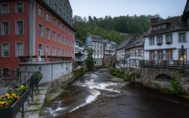 Monschau, Germany - May 17, 2024: Historic buildings of Monschau on May 17, 2024 in North Rhine Westphalia, Germany