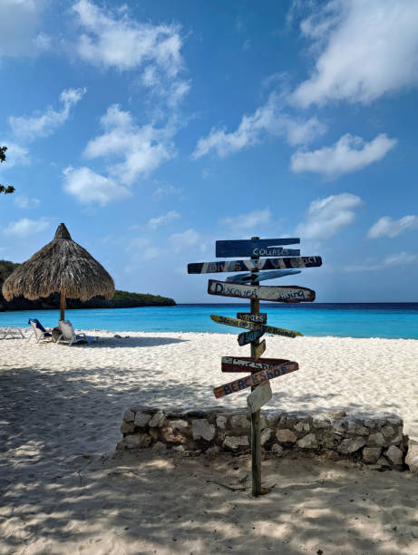 istock Beach and sea in Curacao with information board 2164829027