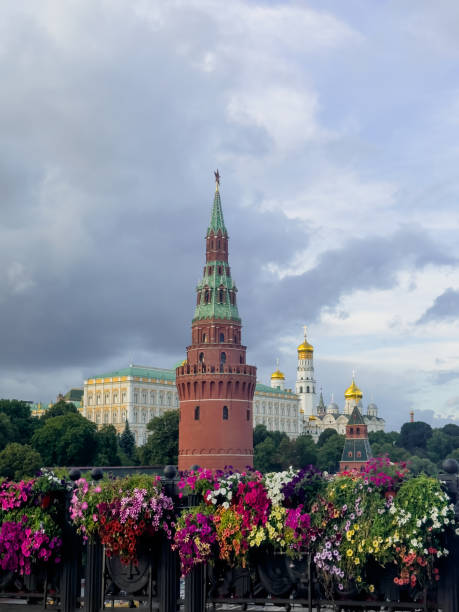 istock Summer flowers near Moscow Kremlin, Spasskaya Tower 2164831449