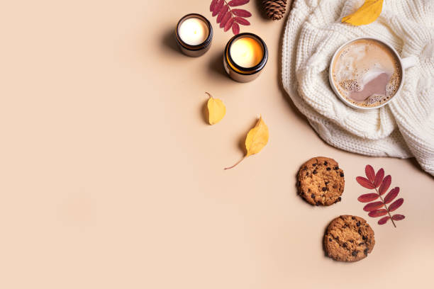 istock Cosy autumn background, coffee and candles 2164832904