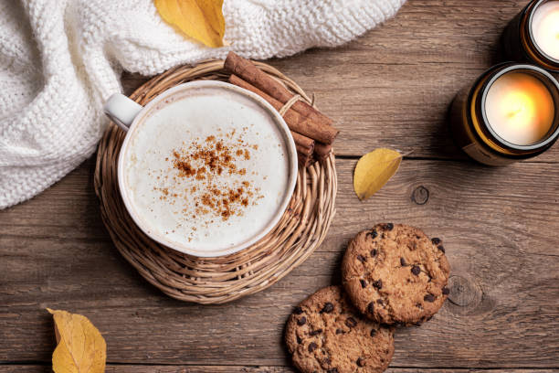 istock Cosy autumn background, coffee and candles 2164833480