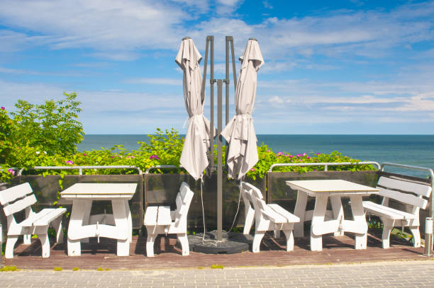 Empty cafe on a seashore in clear sunny  day