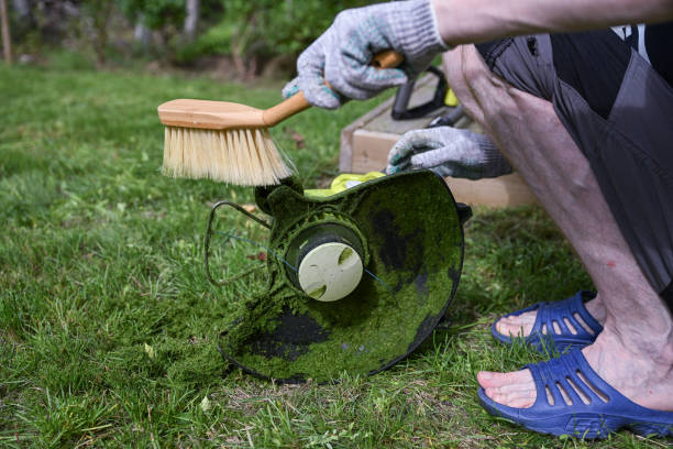 istock man cleaning a electric trimmer from grass after work with a brush 2164837322