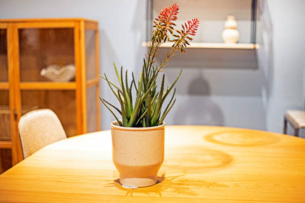 vase with decorative flowers on a round table in the interior. Modern interior