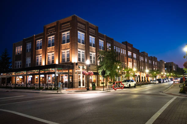 Carmel, Indiana - July 25, 2024:  Night street scene from midwest suburban city of Carmel Indiana along the Monon Trail near the Arts and Design District.