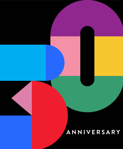 Vector illustration of a Anniversary label geometric typography design in bright colors on black background. Fully editable or place your logo into the design to customize. Includes vector eps and high resolution jpg.