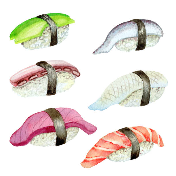 istock sushi with salmon, avocado, squid, mackerel, tentacles, tuna, seafood, painted with watercolors, for restaurant menu and fish store design 2164862933