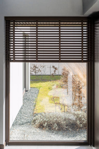 istock Vertical shot of partially open horizontal blinds on window 2164864147