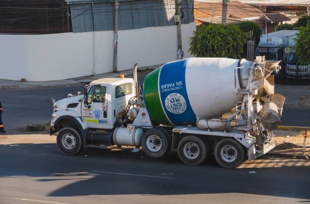 Cochabamba, Cochabamba, Bolivia; August 1, 2024: concrete mixer truck stopped on a state highway