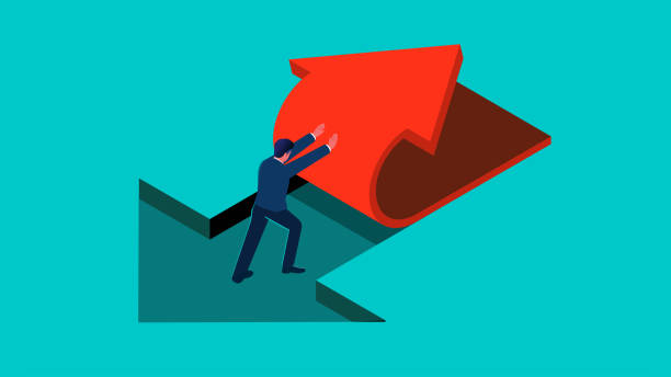 stockillustraties, clipart, cartoons en iconen met change of form, reversal, plan vs. change, change in search of better opportunities, isometric traders pushing out another arrow inside an arrow in the opposite direction - onafhankelijkheid begrip