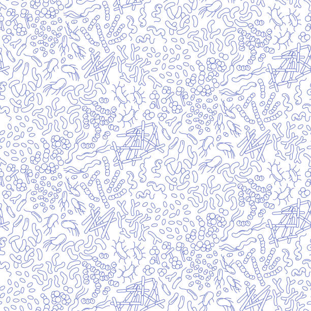 Detailed seamless pattern of bacteria in intestinal microbiota. Detailed seamless pattern of bacteria in intestinal microbiota. This vector illustration includes various microorganisms of intestinal tract and intestines flora. Ideal for medical and educational use probiotic pattern stock illustrations