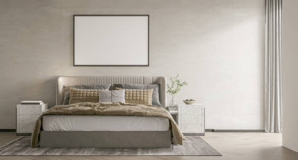 istock mock up poster frame in interior background, bed room. 3D render, 3D illustration 2164882256