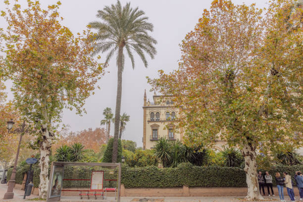 Seville, Spain - December 31, 2023:  People seen near a bus stop in front of Hotel Alfonso XIII on a cloudy day in Seville.  HDR encoded.