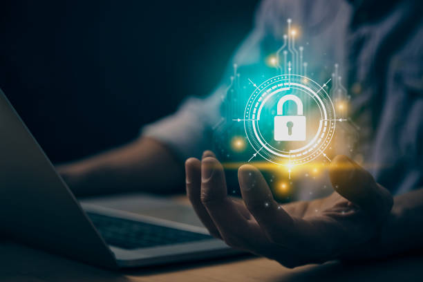 istock Turquoise Yellow Cybersecurity or Internet Network Security Systems HUD in Vintage 2164883402