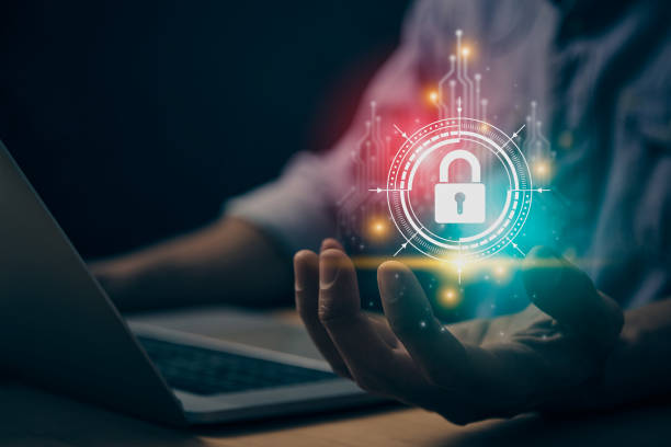 istock Red Turquoise Cybersecurity or Internet Network Security Systems HUD in Vintage 2164883403