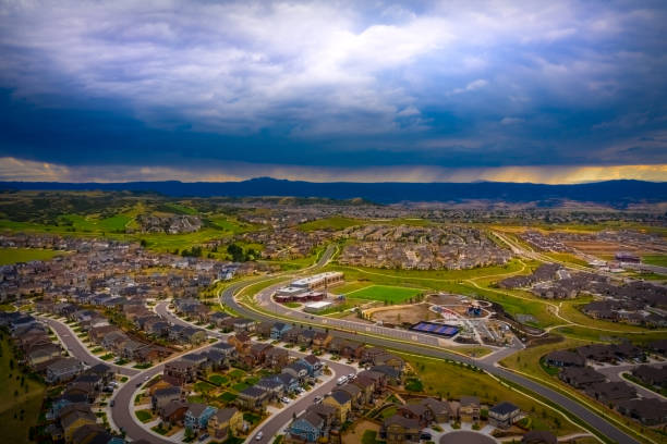 Rainy storm clouds over suburbs in Castle Rock, Colorado