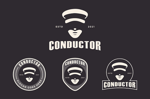 Conductor Lettering Set Of Head Hat Of Conductor Symbol Badge Vector Template On Dark ...