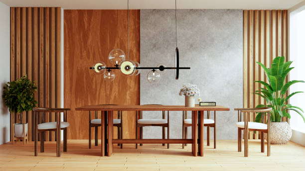 Dining room is elegantly designed with wooden accents and modern lighting- 3D rendering